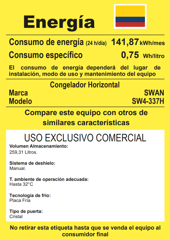 CONGELADOR SWAN CHV SW-337H TAPA DE VIDRIO