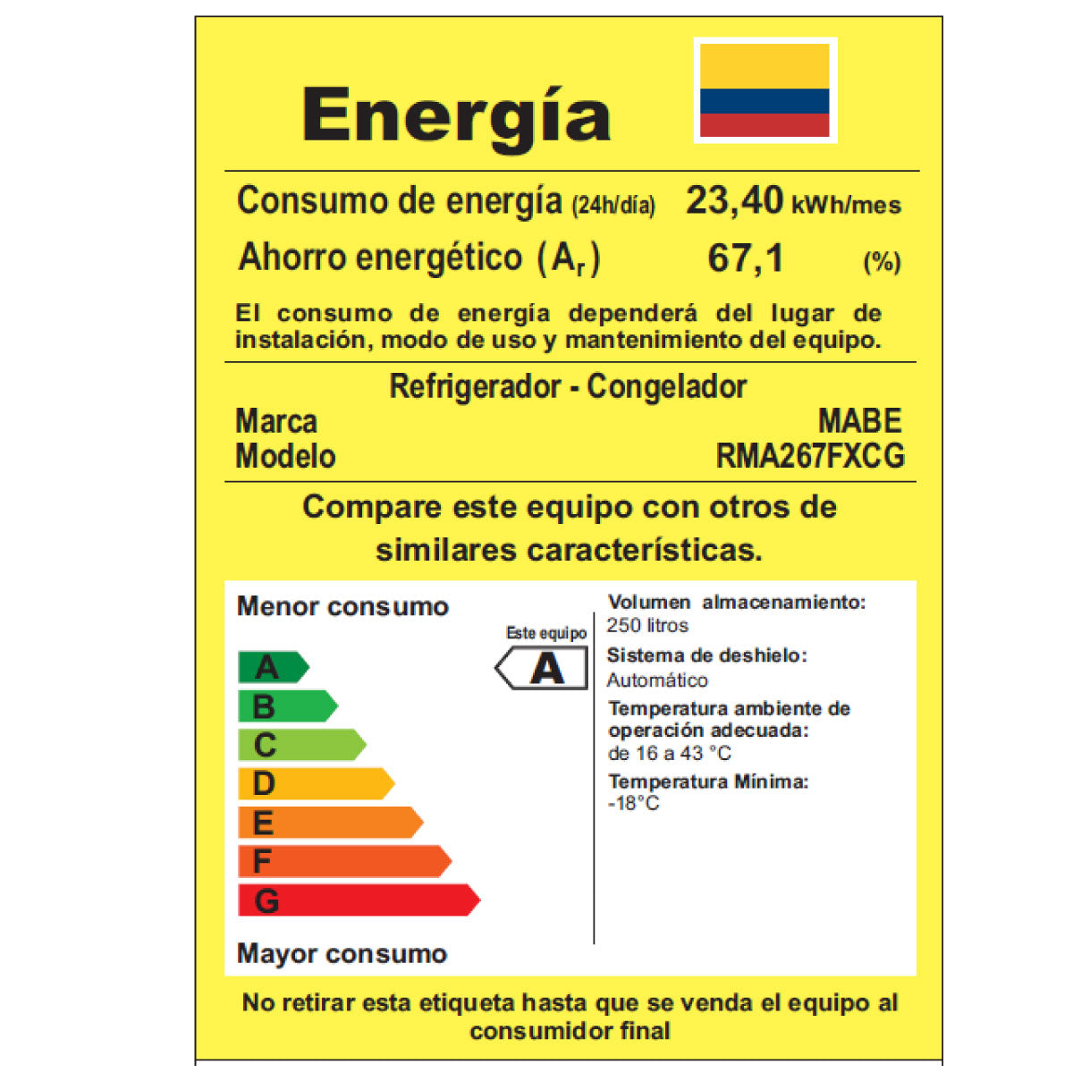 NEVERA MABE NO FROST 267 L - RMA267FXCG