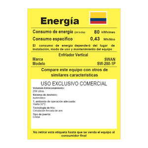 VITRINA REFRIGERADA SWAN 258 LITROS CON PUERTA DE VIDRIO DOBLE | SW-280-1P