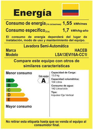 Lavadora Haceb semiautomática 13 kilogramos blanca