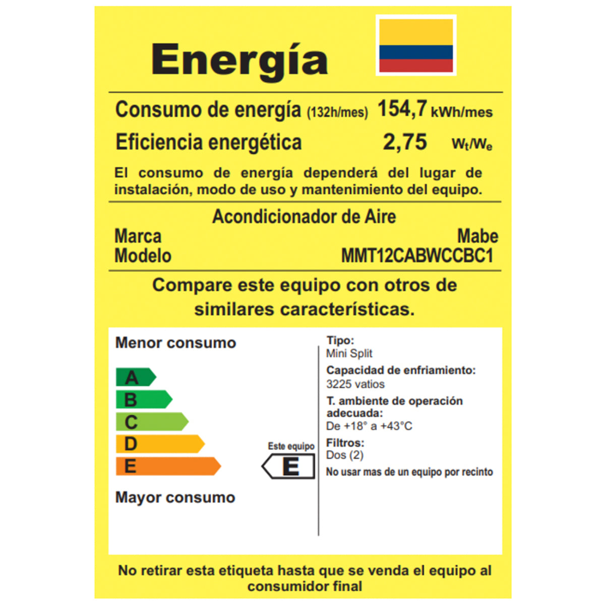 AIRE MABE MMT12CABWCCBC1 12000BTU ON/OFF 110V