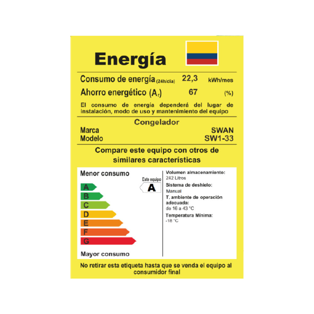 CONGELADOR SWAN SW1-33 PUERTA SÓLIDA VERTICAL - 242L