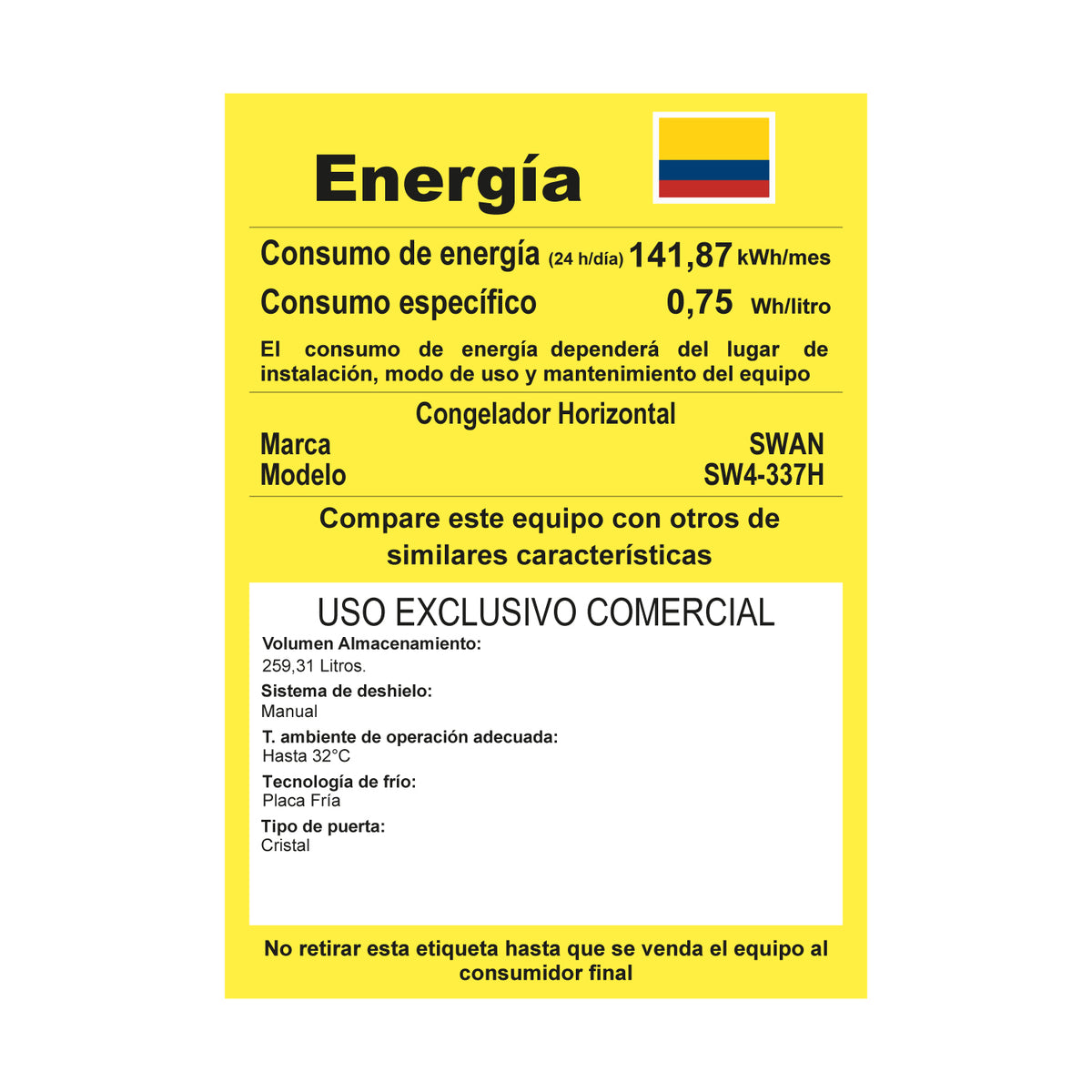 CONGELADOR SWAN CHV 259,31 LITROS CON TAPA DE VIDRIO |SW4-337H