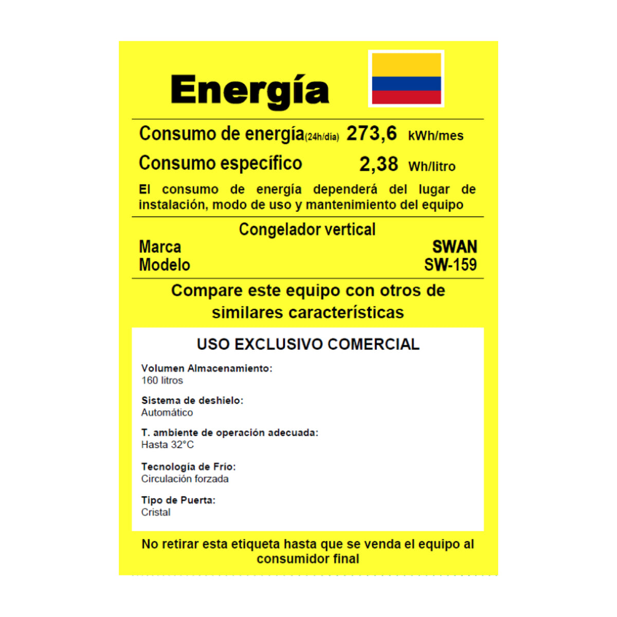 CONGELADOR VERTICAL SWAN 160 LITROS PUERTA DE VIDRIO | SW-159