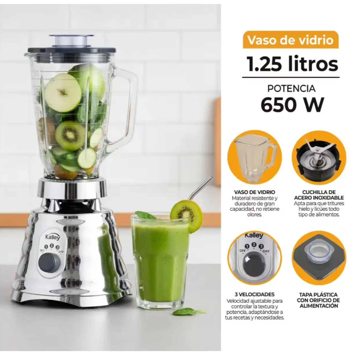 Licuadora KALLEY Cromada 1,25 Litros K-LC Plateada