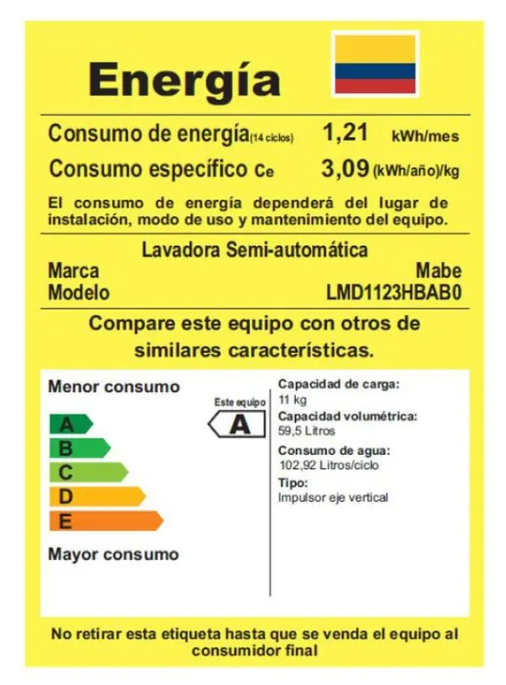 LAVADORA MABE LMD1123HBAB0 SEMI AUTOMATICA 11 KG