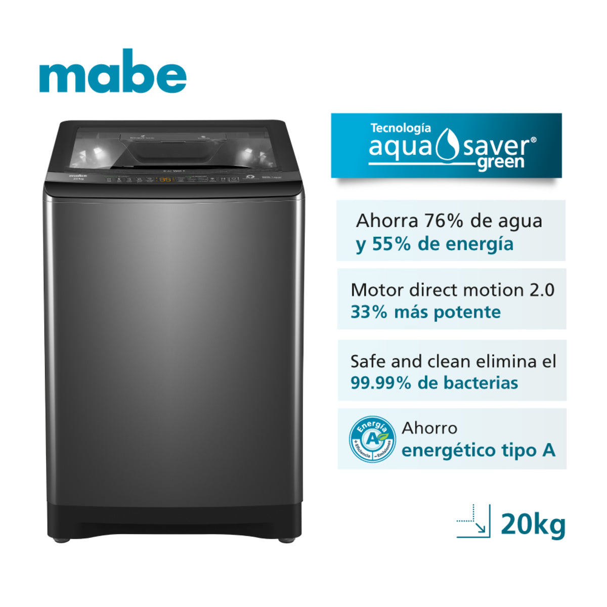 Lavadora Aqua Saver Green 20 Kg Diamond Gray Mabe - LMA0220WDGAB0