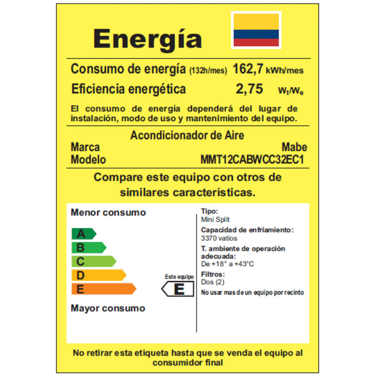 Aire Acondicionado Tradicional 110v 12.000 BTU Mabe - MMT12CABWCC32EC1