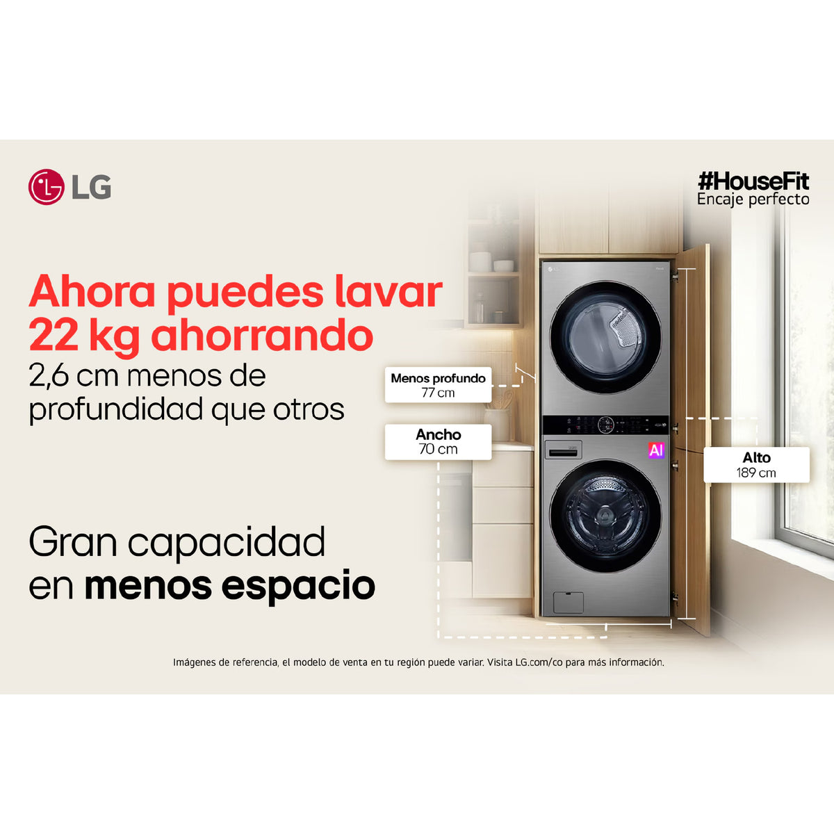 Torre de lavado LG secado a gas 22 kg Plata AIDD ThinQ | WK22VS6P