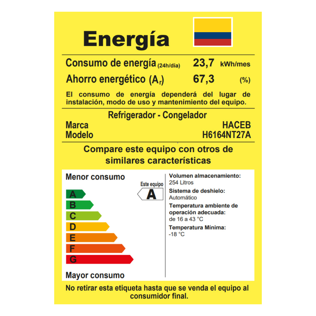 Nevera Haceb No Frost 271 Litros Inverter Manija Externa Negro Esmeralda
