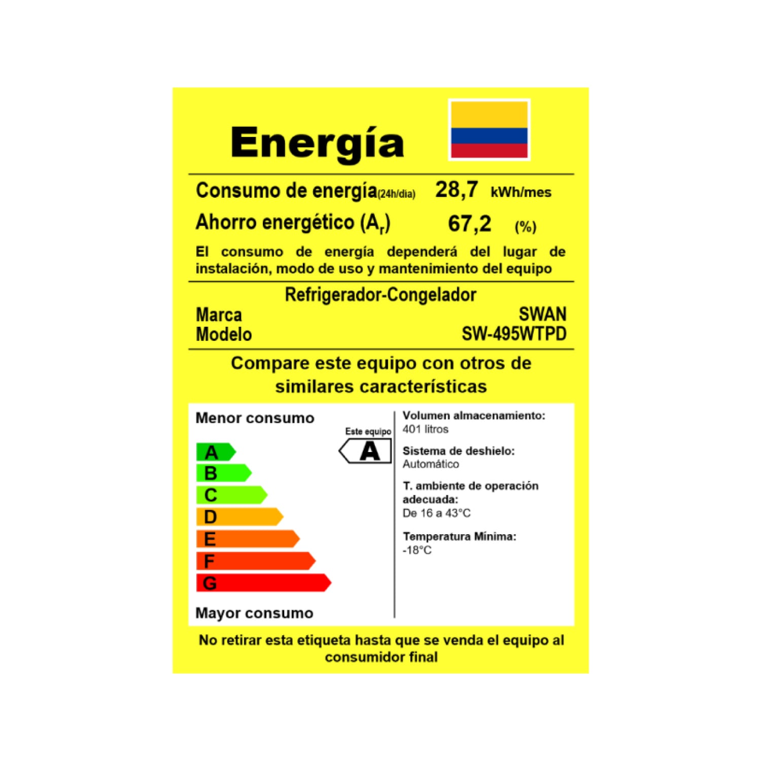 Nevera Swan 401 L No Frost con Manija Integrada | SW-495WTPD