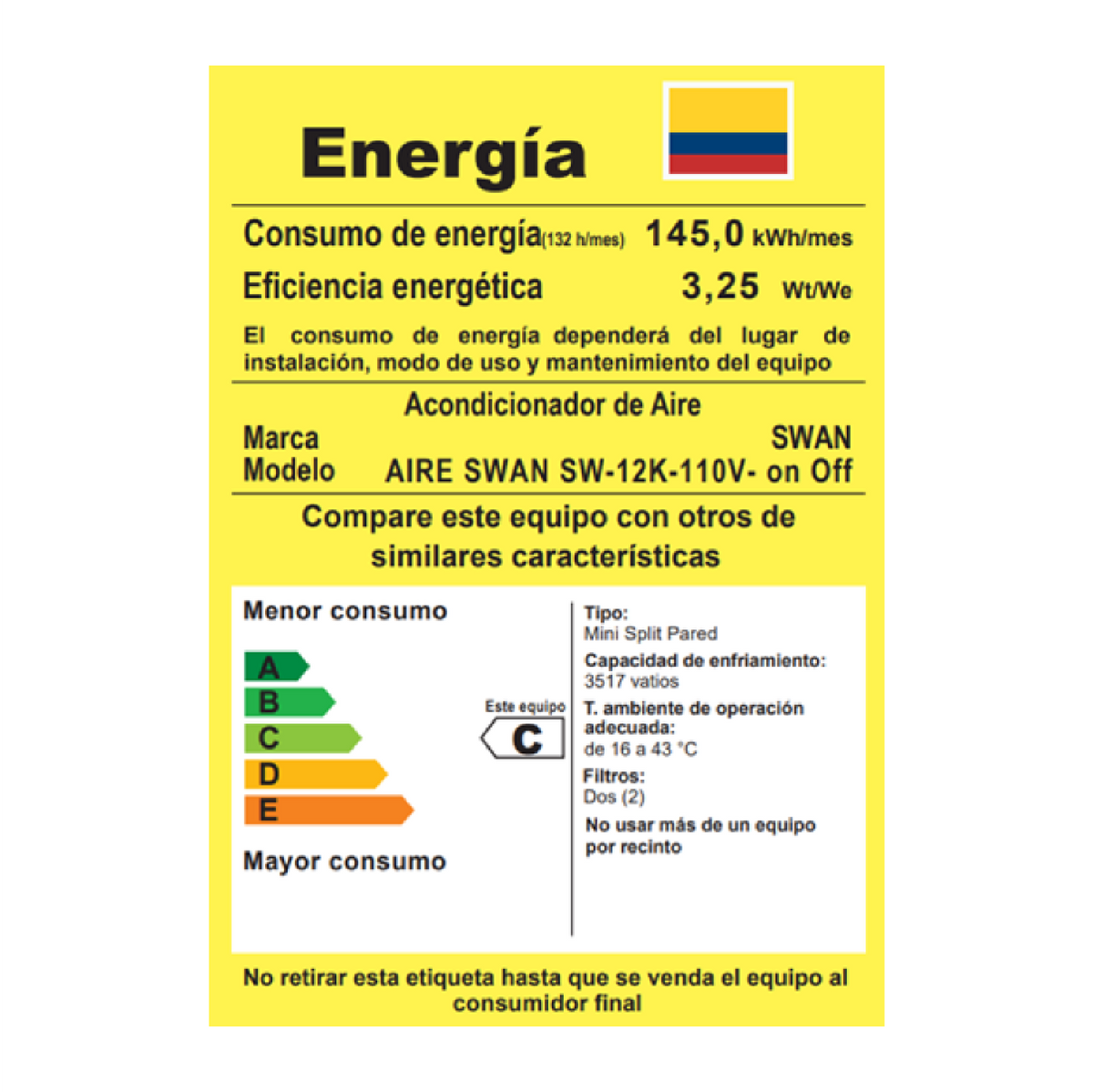 AIRE ACONDICIONADO SWAN SW-12K-110V ON/OFF