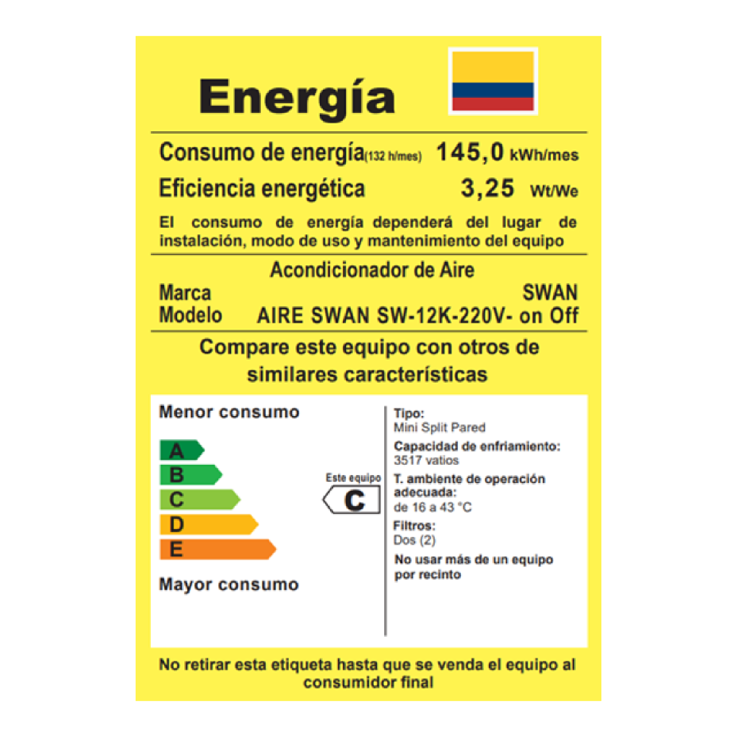 AIRE ACONDICIONADO SWAN SW-12K-220V ON/OFF