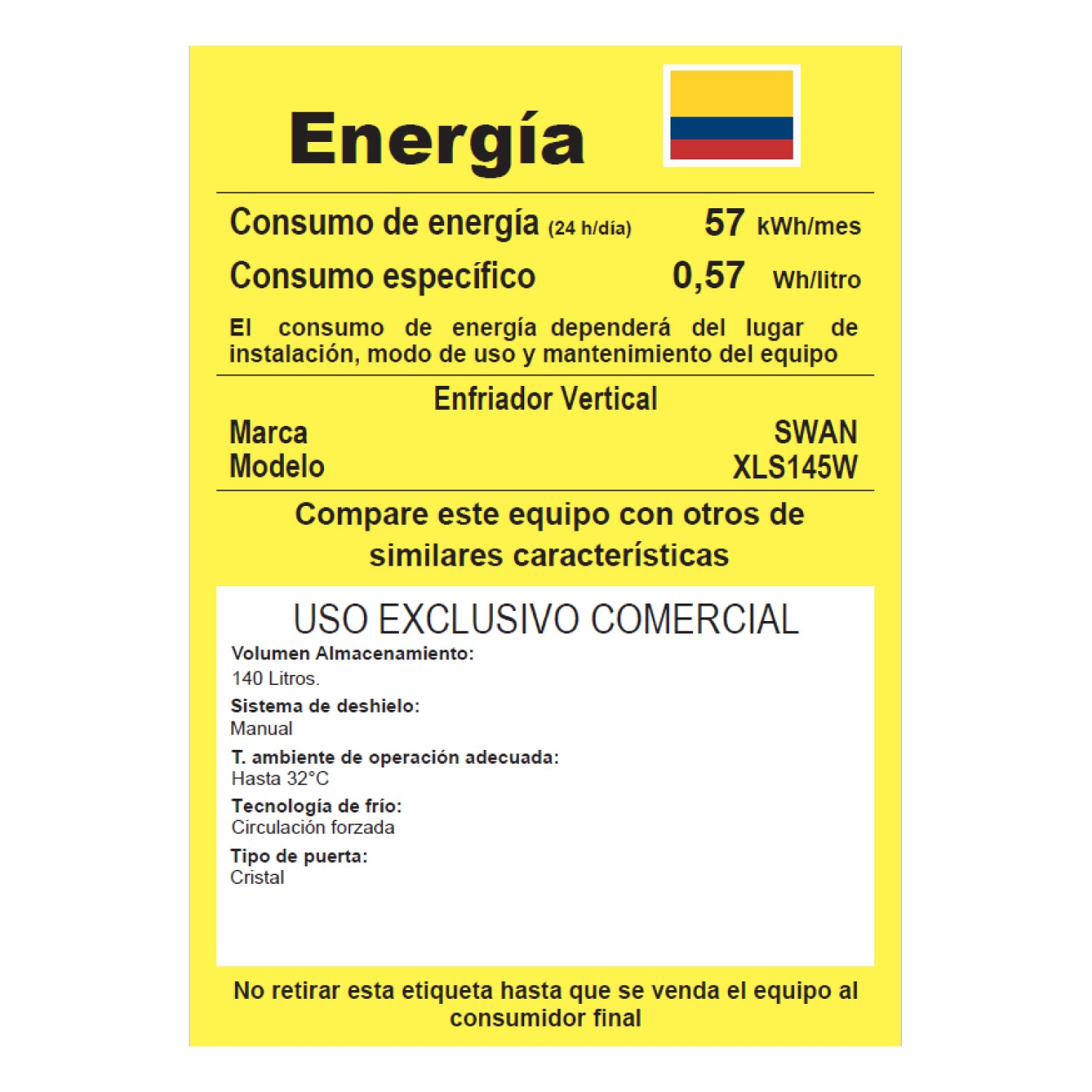 VITRINA REFRIGERANTE SWAN 140 Litros | XLS145W