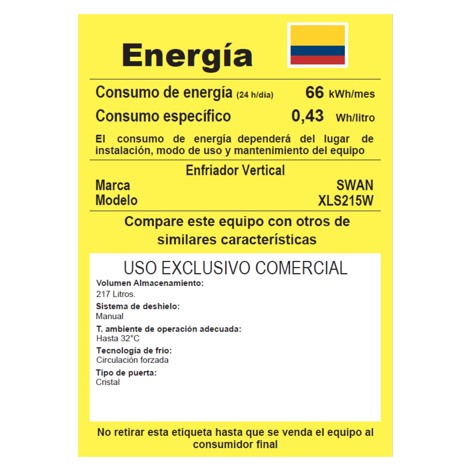 VITRINA REFRIGERANTE SWAN 217 Litros - XLS215W