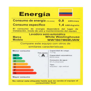 Lavadora Electrolux 7kg Semiautomática White Westinghouse | WWTB07M6MUWW