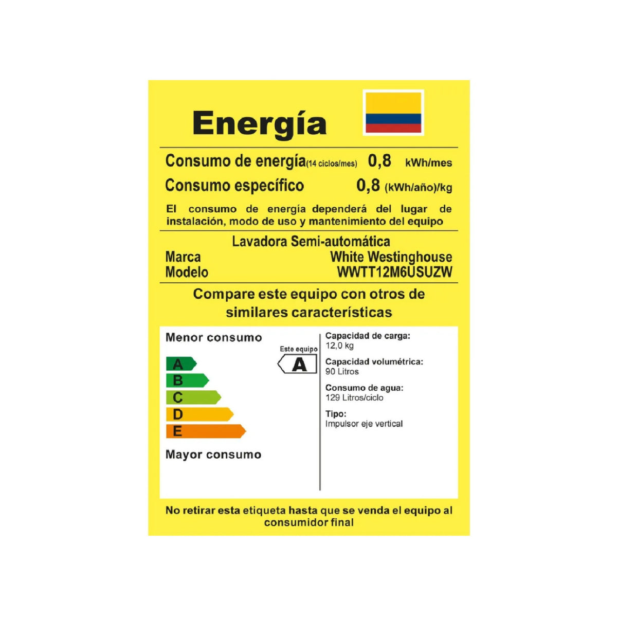 Lavadora Electrolux 12kg Semiautomática Westinghouse Blanca | WWTT12M6USUZW